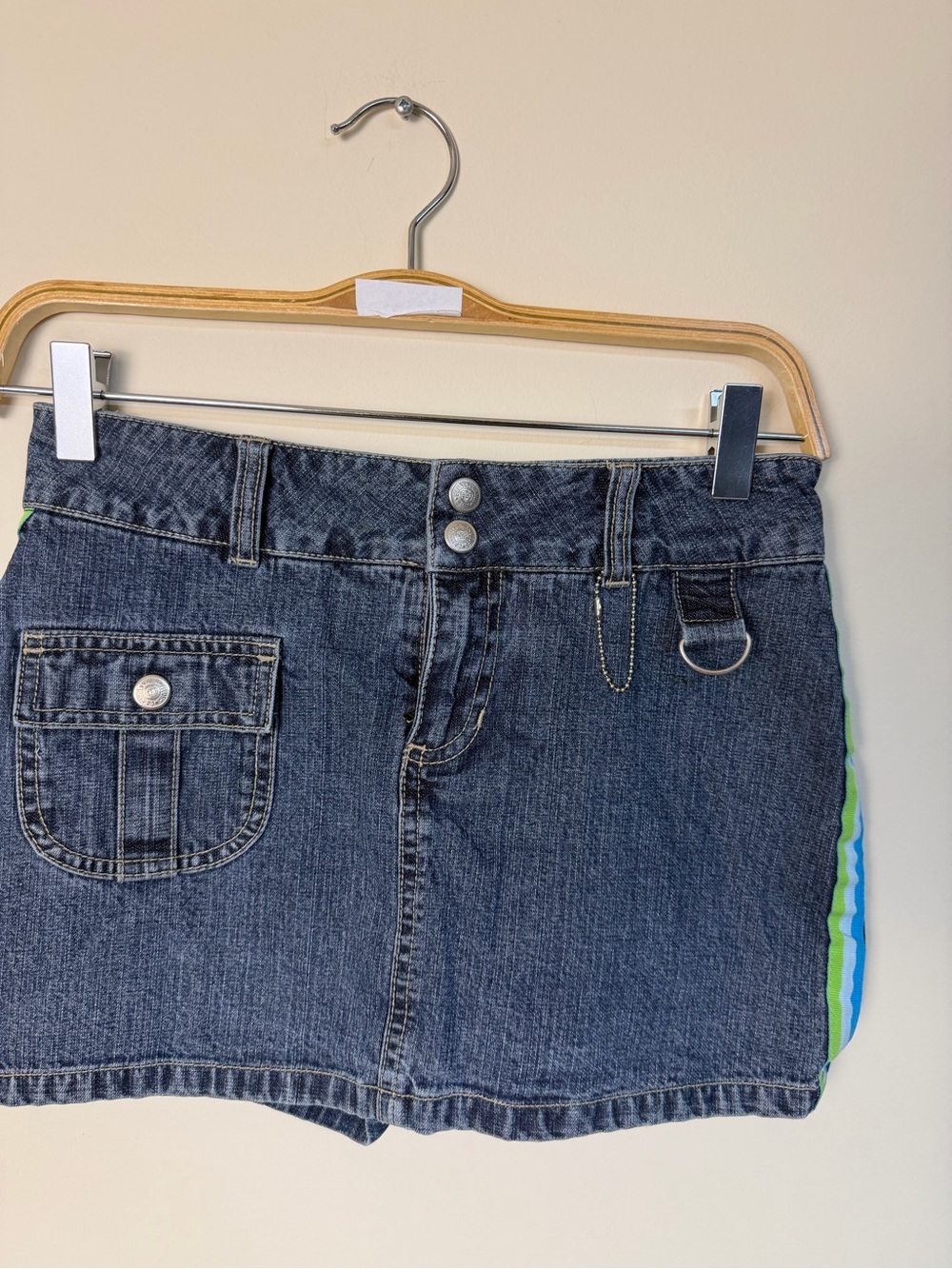 Canyon River Blues Dark Wash Denim Mini Skirt with Green & Blue Side Stripes